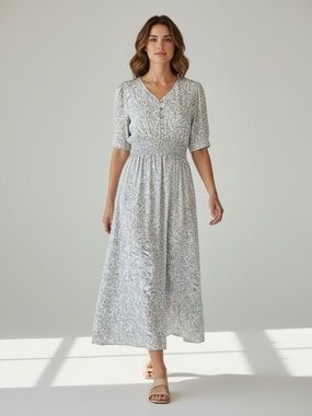 Love, Olive Co. Light Grey Floral Grey Button-Front Maxi Dress